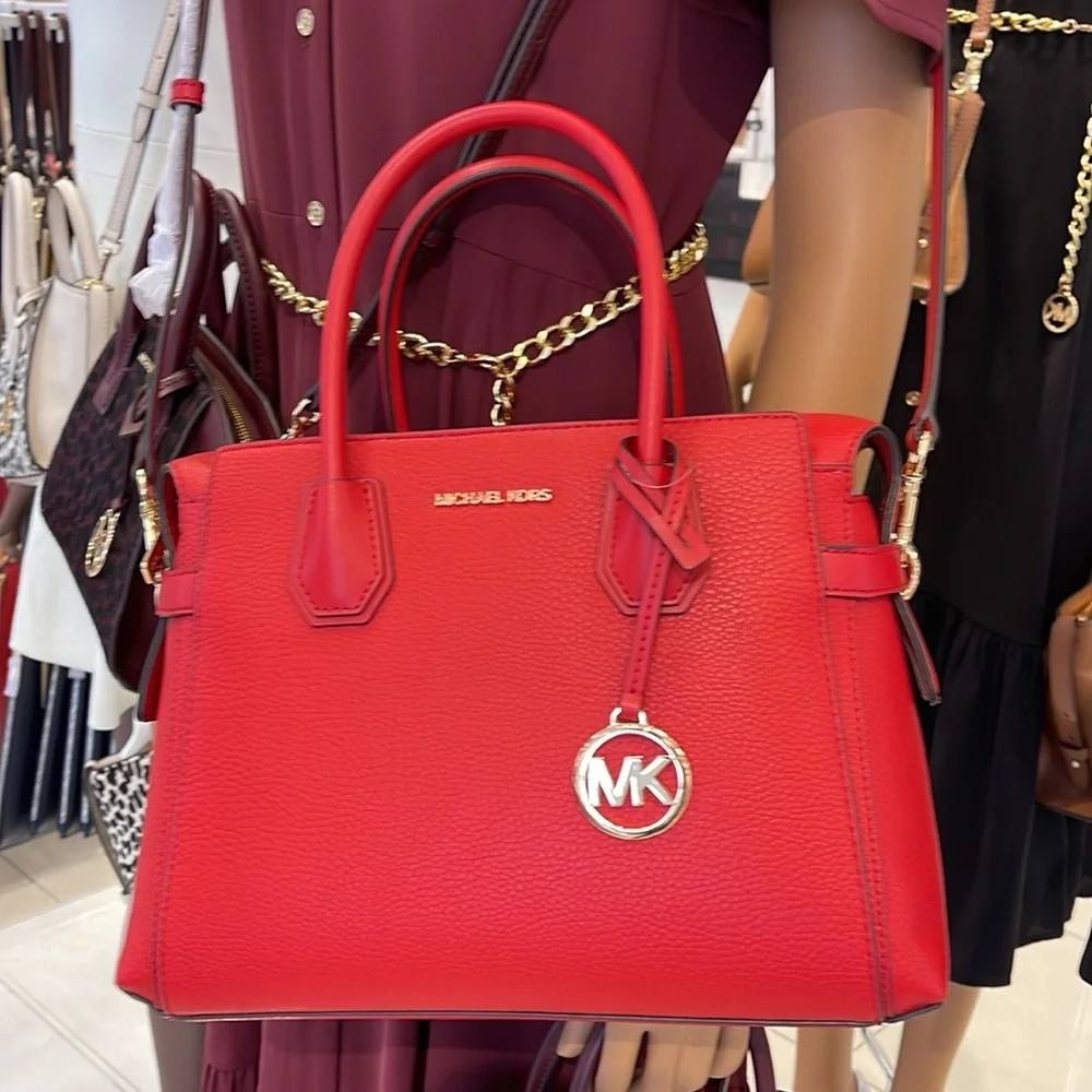 Michael Kors Mercer Medium Top-Zip Belted Satchel Crossbody Purse 
BRIGHT RED
NW - Picture 13 of 16